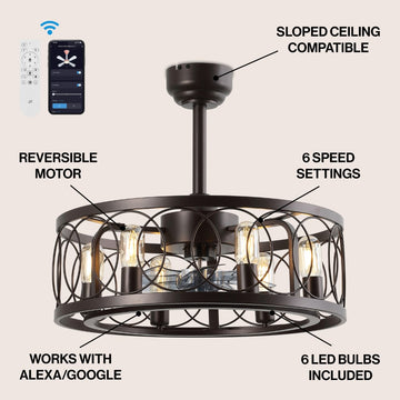 Celeste 21.6" 6-Light Industrial Farmhouse 6-Speed Metal Mobile-App/Remote-Controlled Caged LED Ceiling Fan - JONATHAN Y
